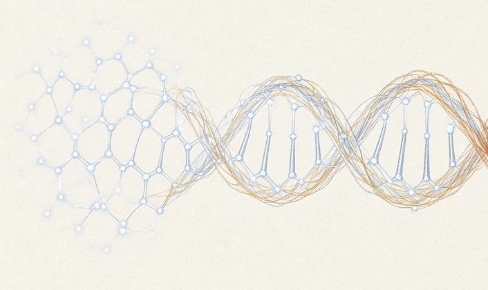 A double helix of a warm amber strand and a cool silver-blue strand gently unravels and grows into a small glowing honeycomb on cream paper.